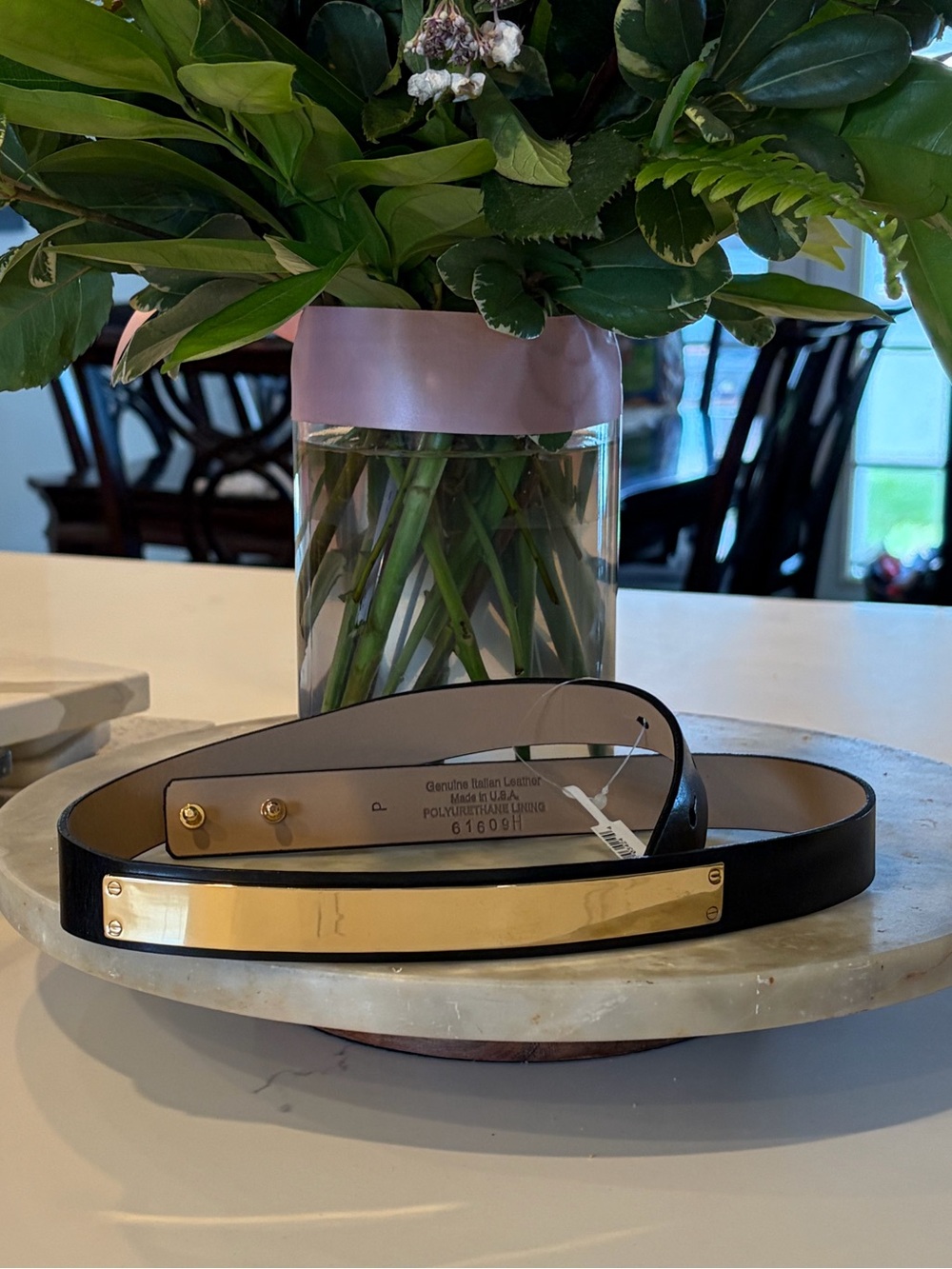 St. John Black Leather Belt with Gold Plate Accent